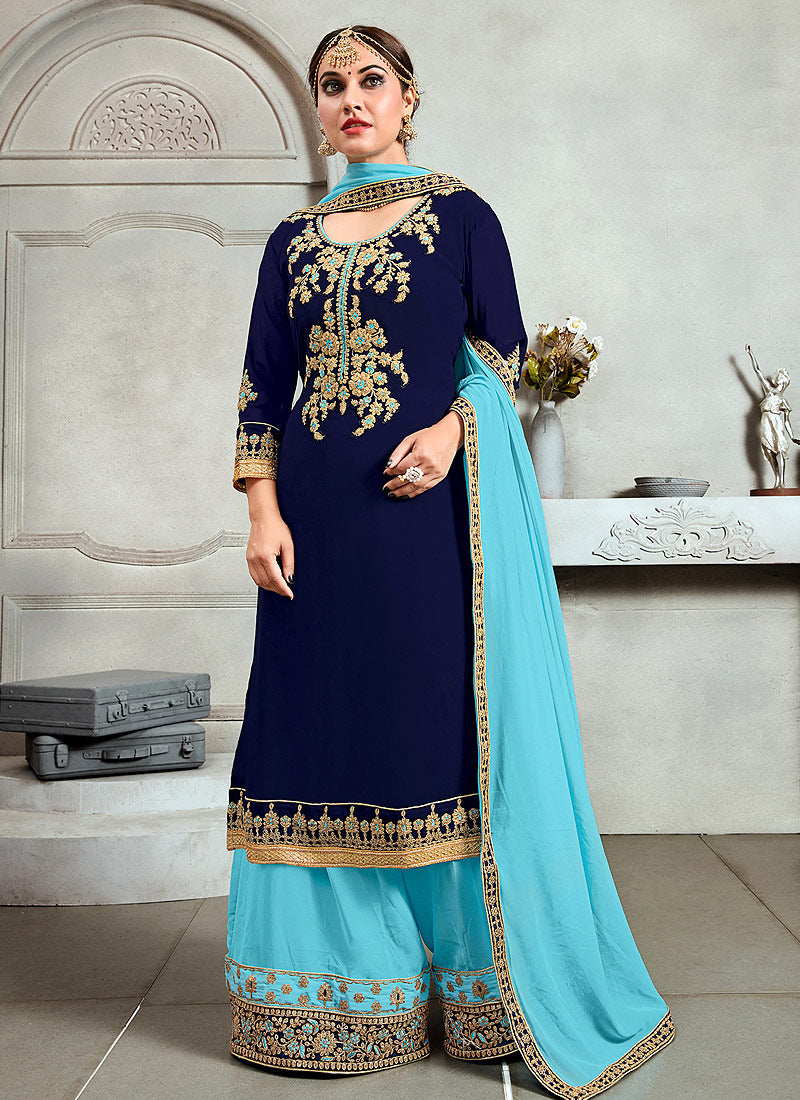 Buy Blue Golden Embroidered Pakistani Palazzo Suit for Women Online in ...