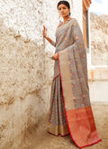 Grey And Orange Digital Indian Patola Silk Saree