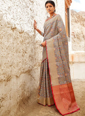 Grey And Orange Digital Indian Patola Silk Saree