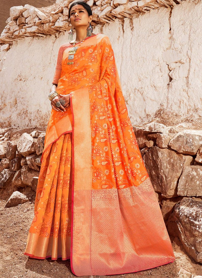 Orange Golden Digital Indian Patola Silk Saree