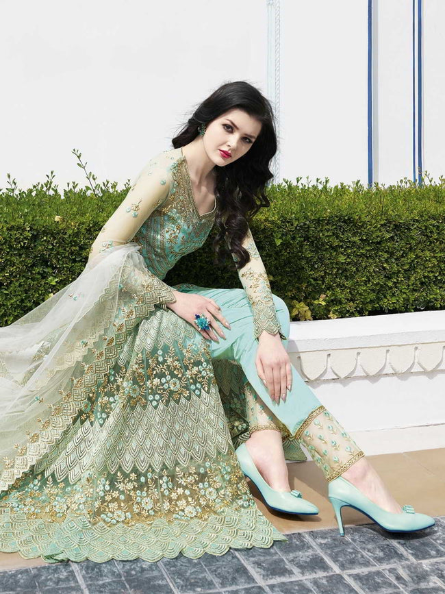 Turquoise And Green Anarkali Lehenga And Pant Suit