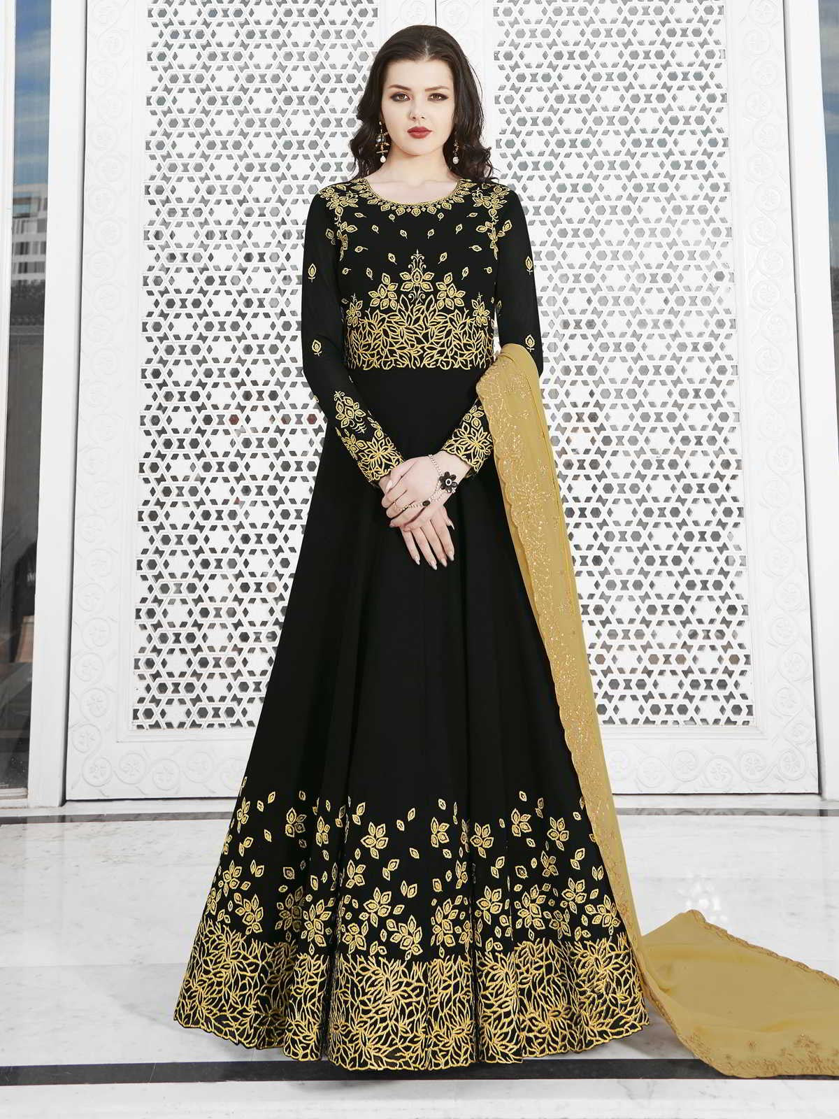 Black And Yellow Golden Embroidered Flared Anarkali Suit