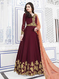 Maroon And Peach Golden Embroidered Flared Anarkali Suit
