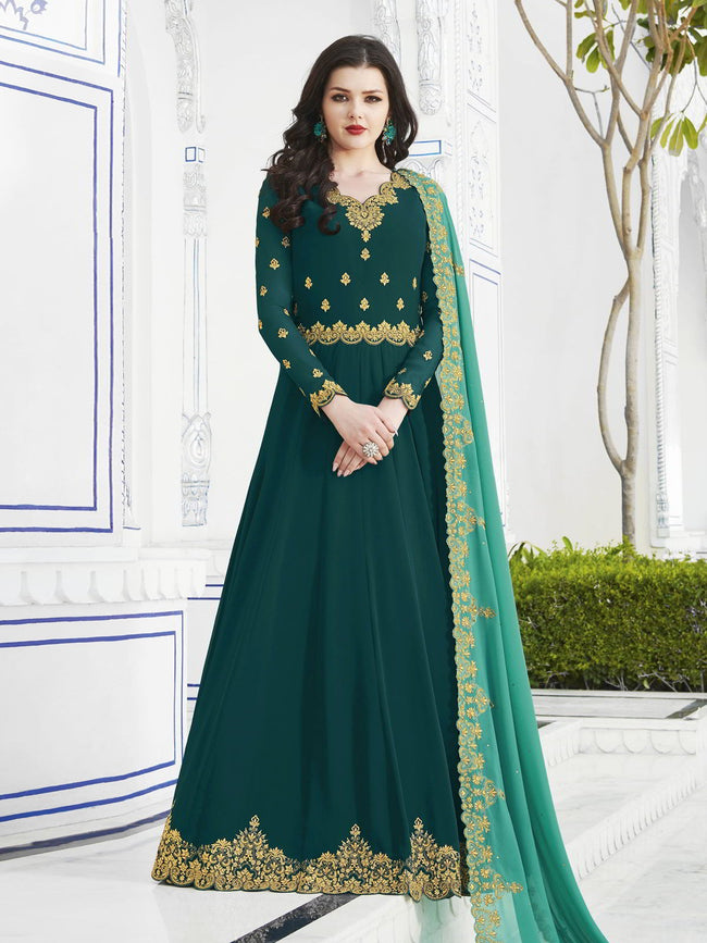 Dark Green And Rama Golden Embroidered Flared Anarkali Suit