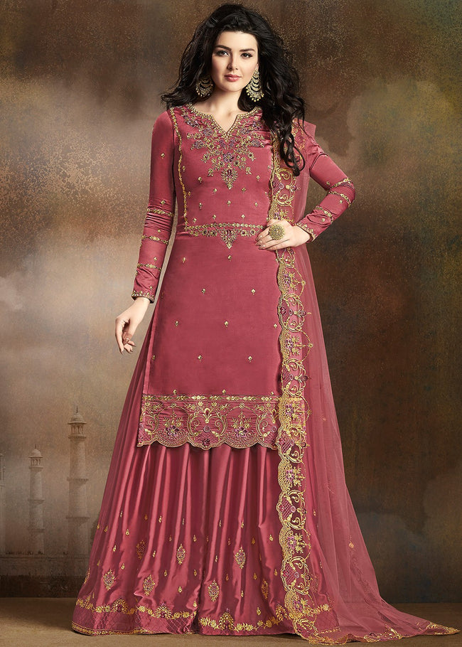 Rust Red Embroidered Indian Gharara Suit