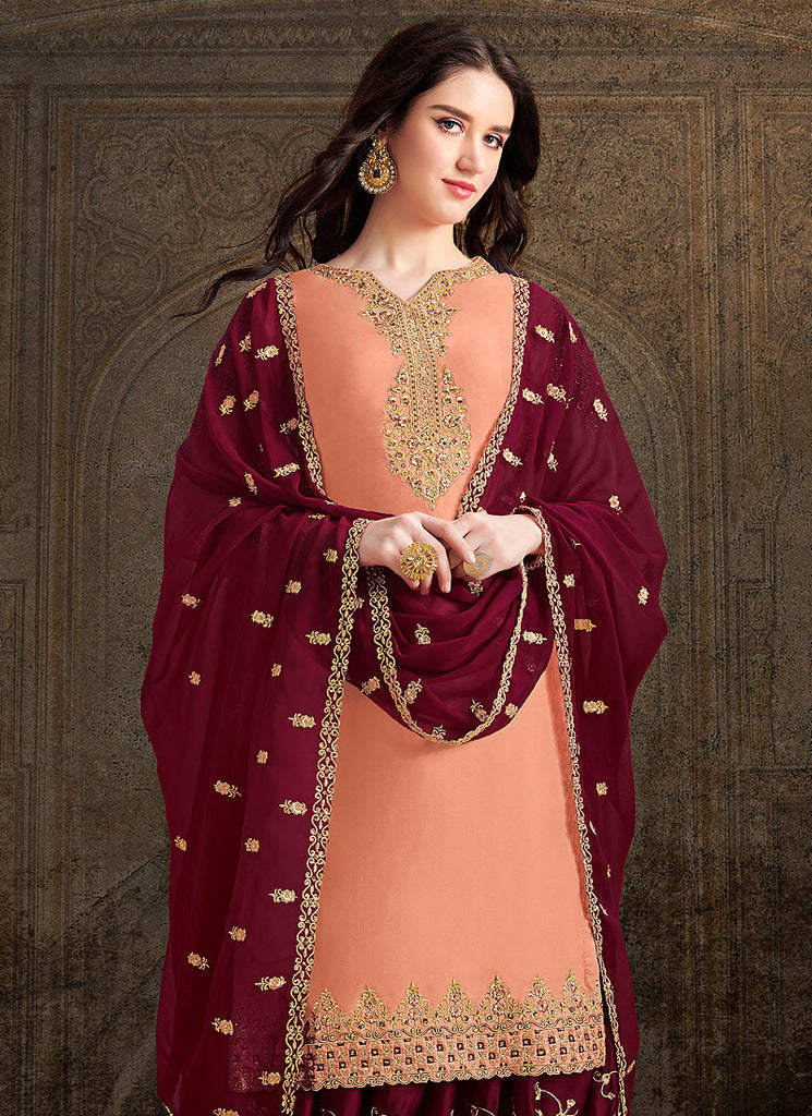 Peach And Maroon Designer Sharara Suit, Salwar kameez