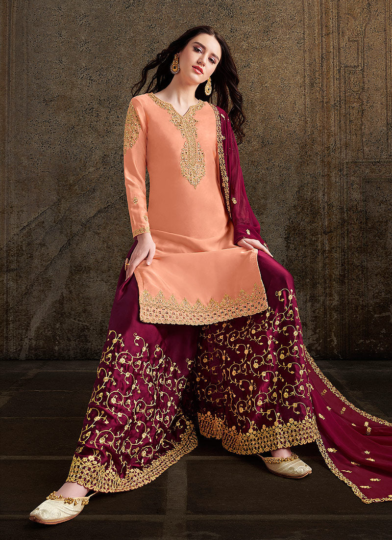Indian Clothes - Peach And Maroon Designer Sharara Suit
