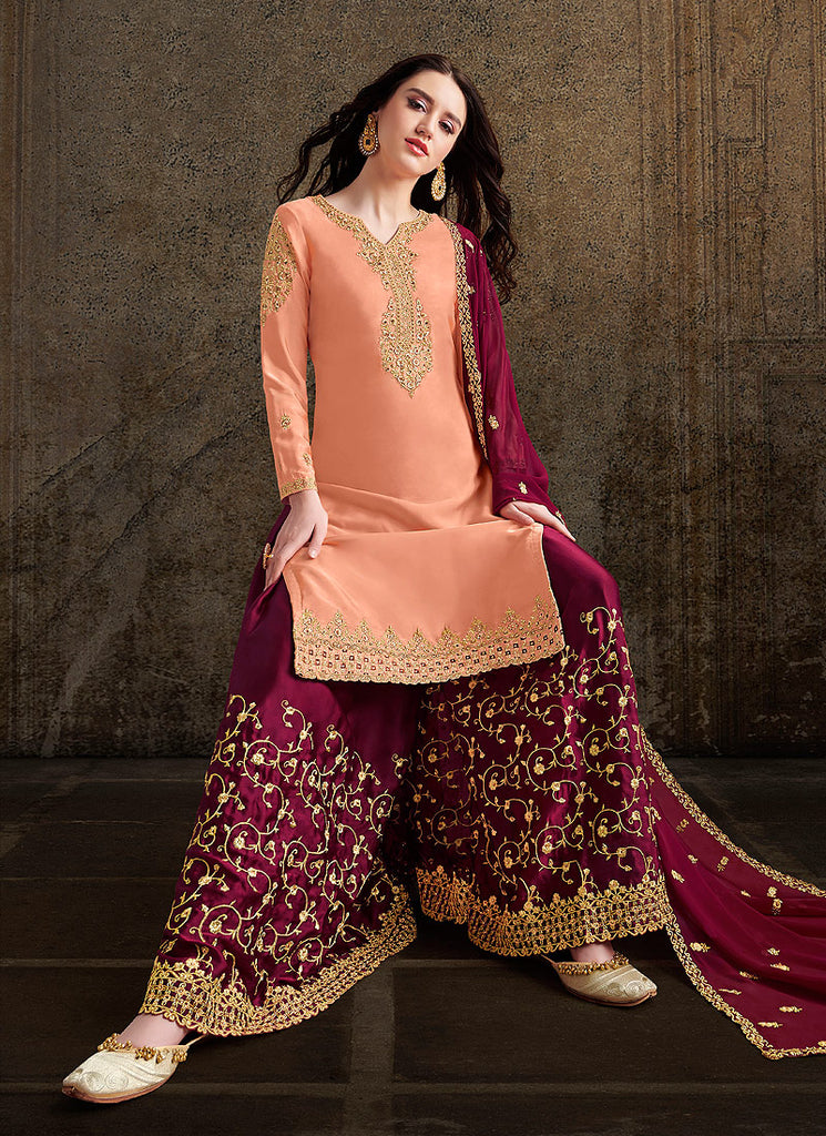 Indian Clothes - Peach And Maroon Designer Sharara Suit