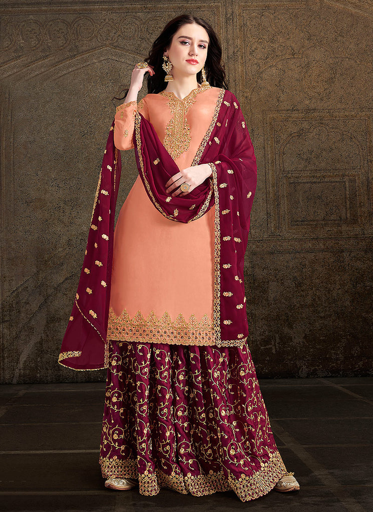 Peach And Maroon Designer Sharara Suit