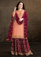Peach And Maroon Designer Sharara Suit
