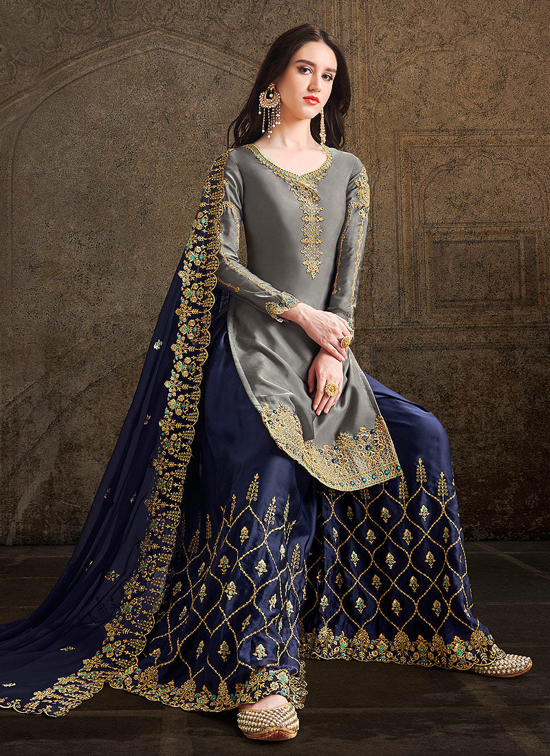 Indian Dresses - Grey And Blue Designer Sharara Suit In usa uk canada