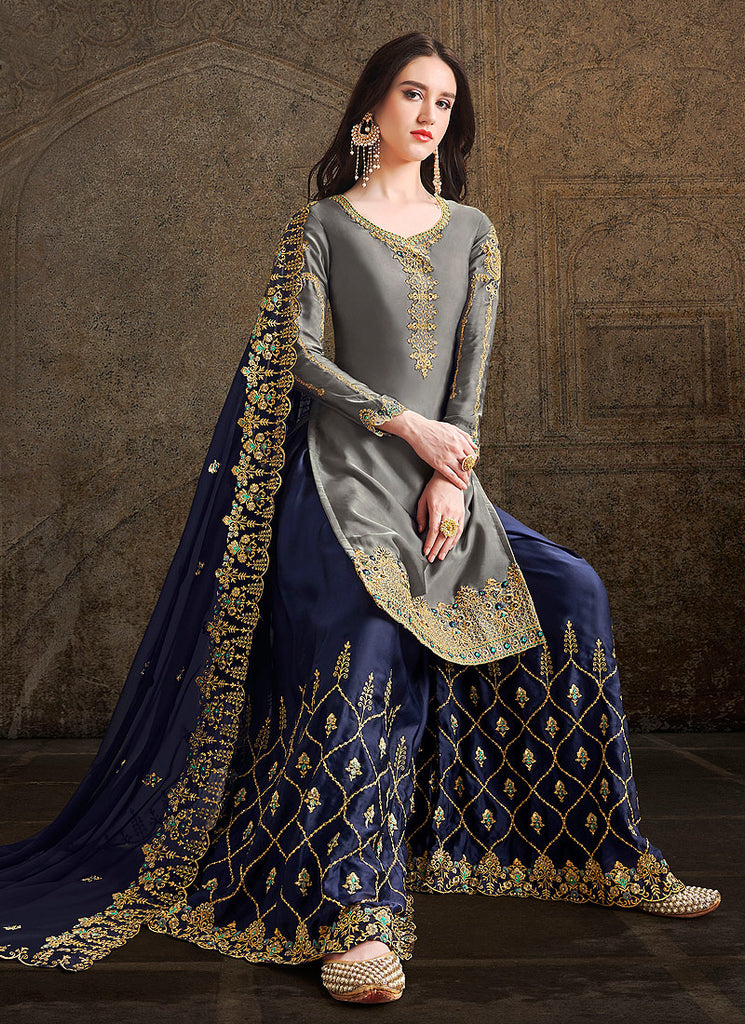 Indian Dresses - Grey And Blue Designer Sharara Suit In usa uk canada