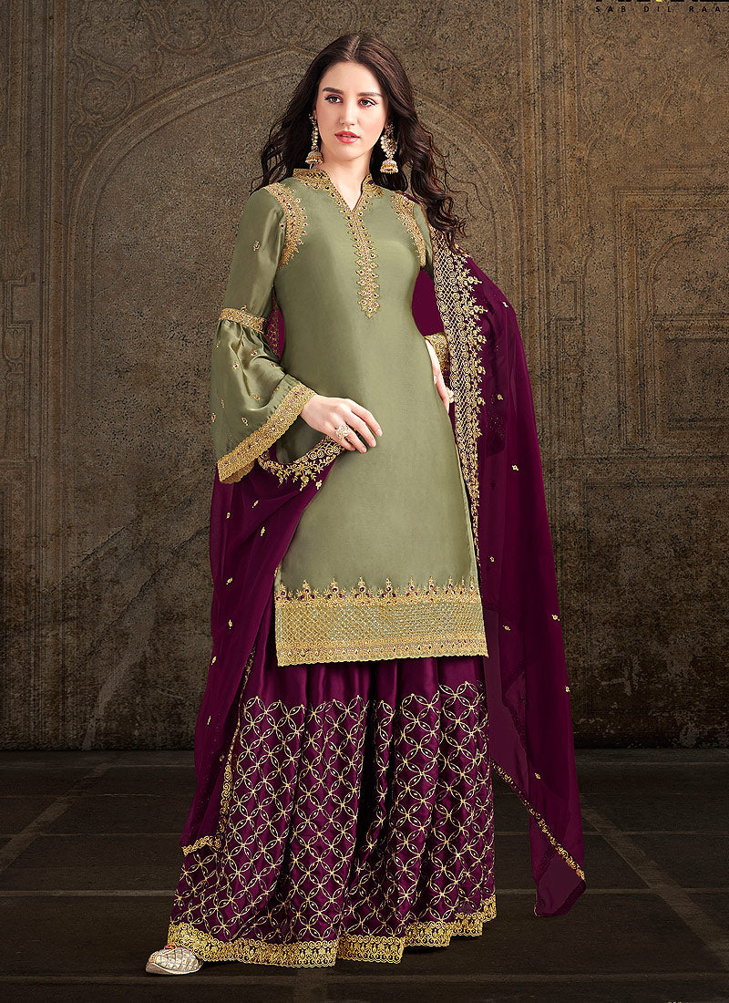 Green And Plum Designer Sharara Suit
