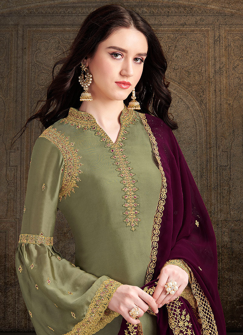Green And Plum Designer Sharara Suit, Salwar Kameez