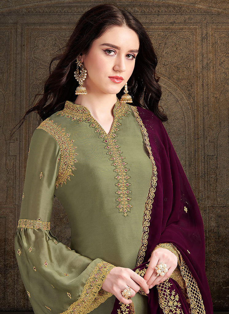 Green And Plum Designer Sharara Suit, Salwar Kameez