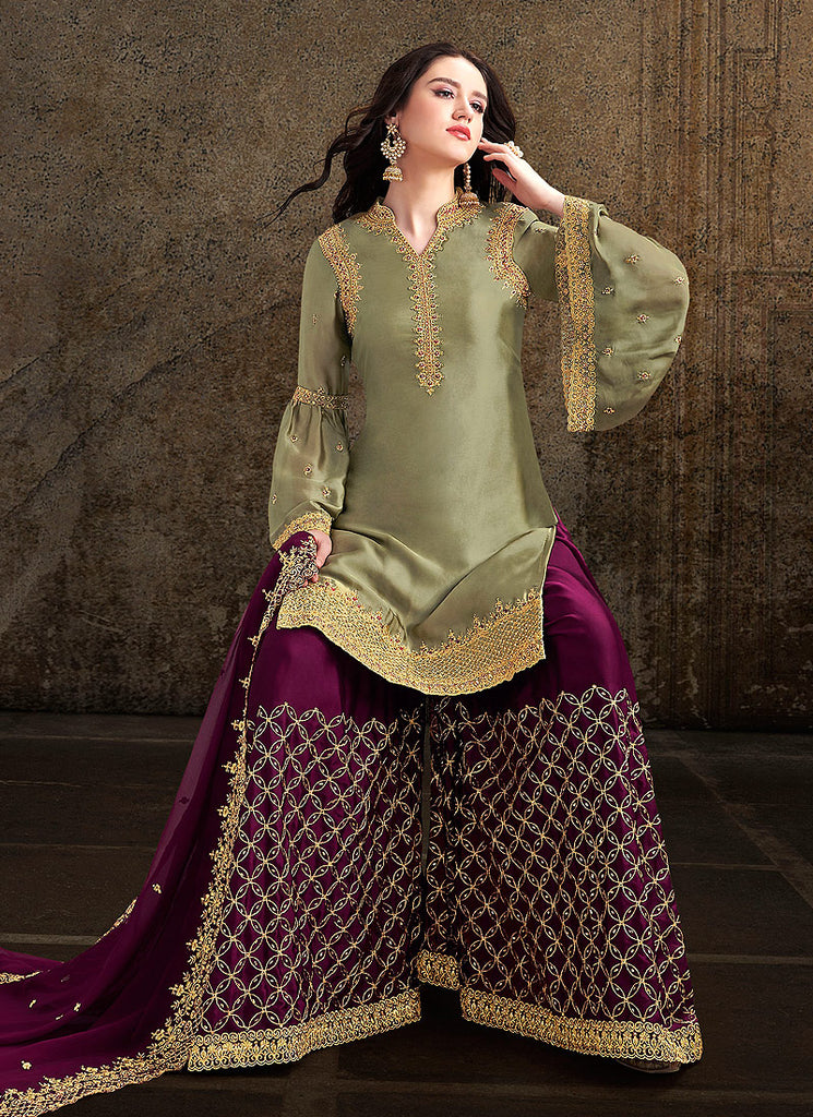 Indian Clothes - Green And Plum Designer Sharara Suit