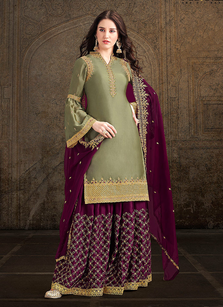 Green And Plum Designer Sharara Suit