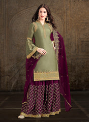 Green And Plum Designer Sharara Suit