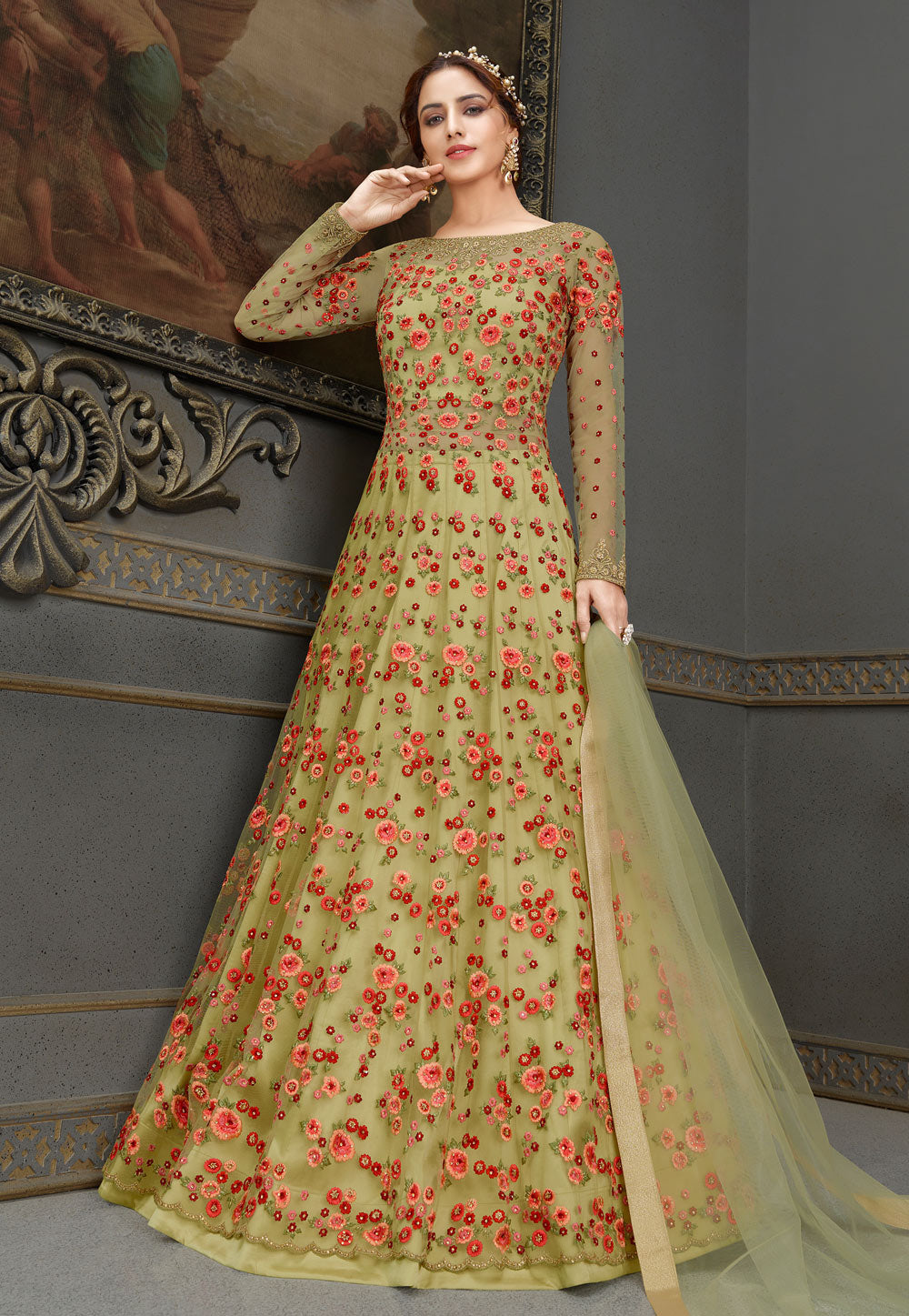 Green Embroidered Anarkali Lehenga