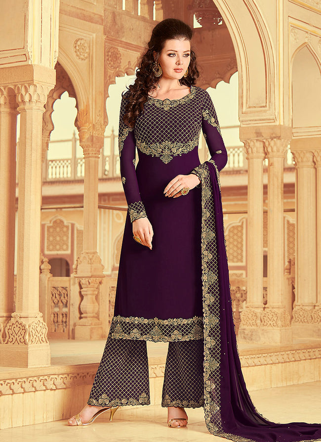 Purple Golden Embroidered Palazzo Suit