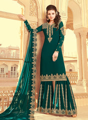 Green Golden Embroidered Palazzo Suit
