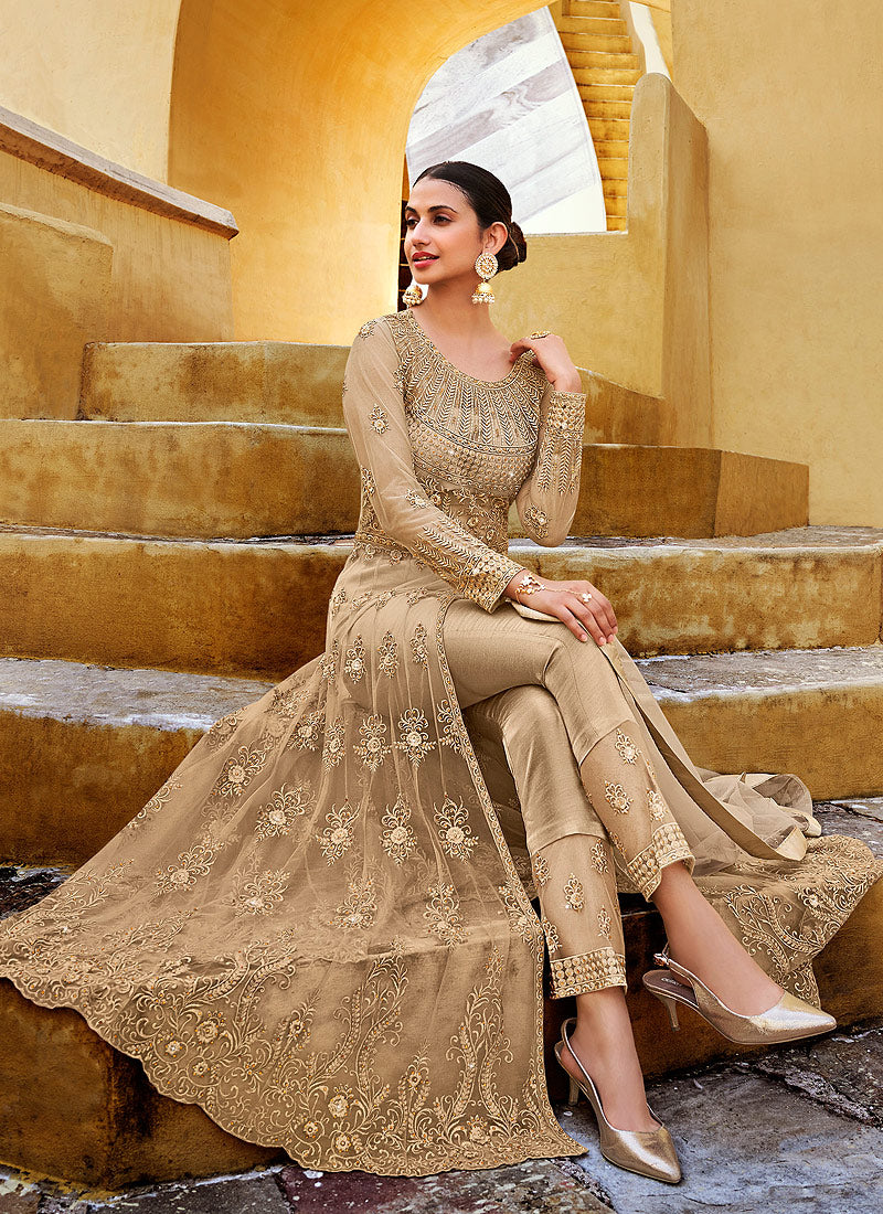 Beige Golden Slit Style Anarkali Lehenga/Pant Suit In Germany