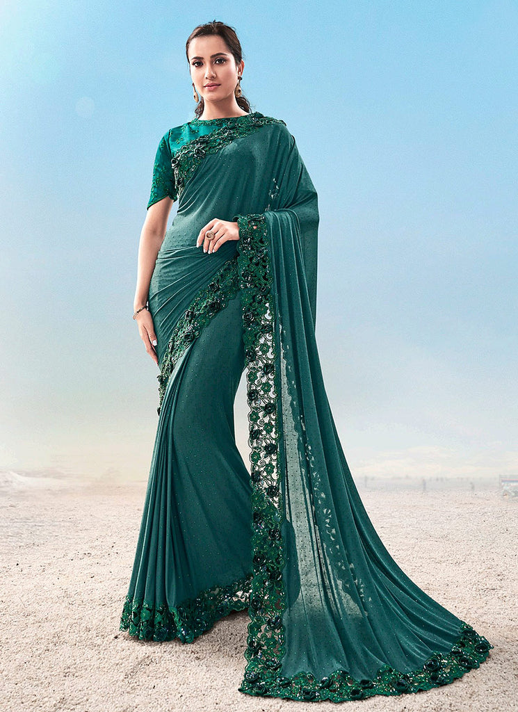 Rama Green Embroidered Saree.