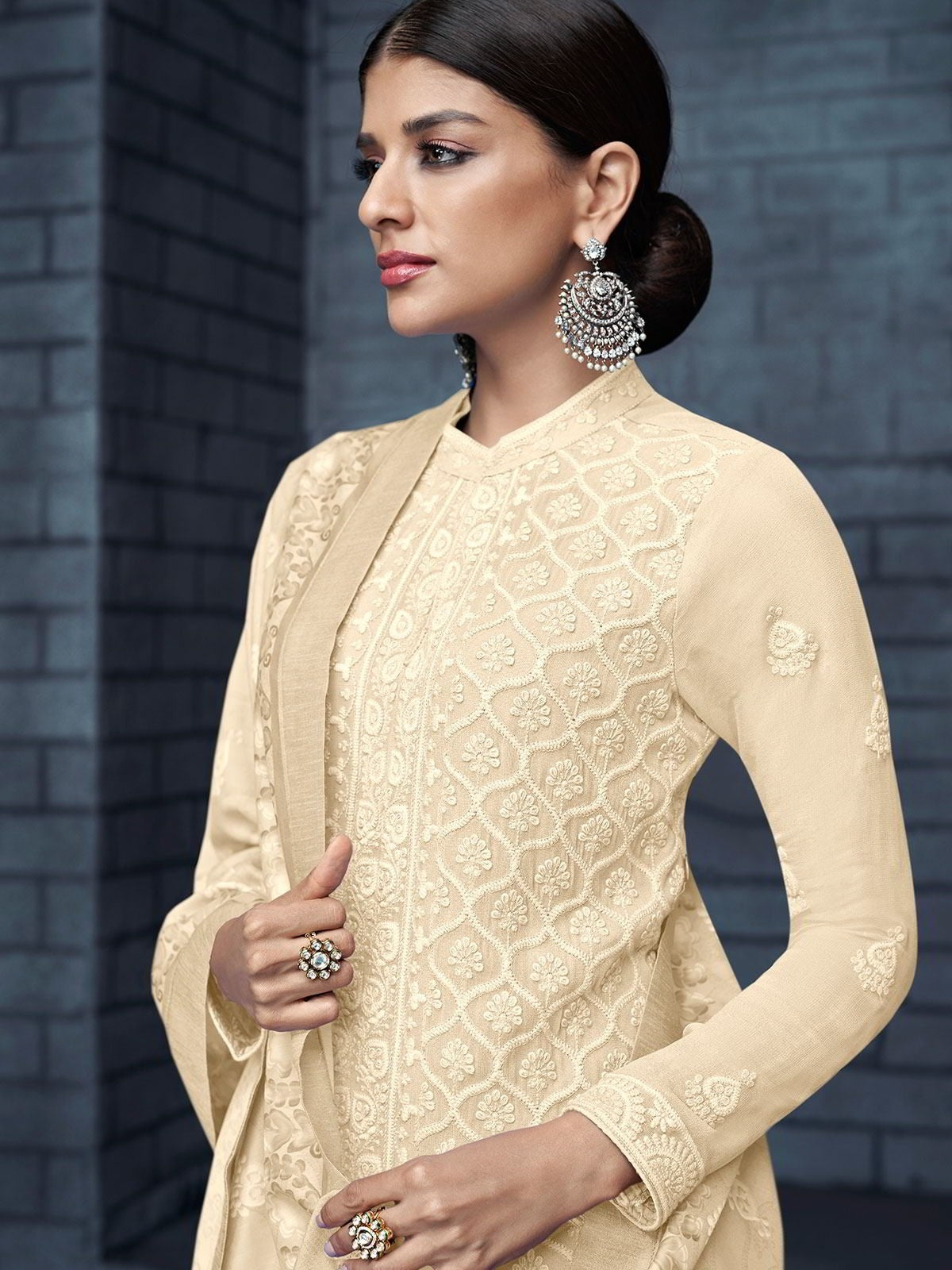 Beige Over All Lucknowi Designer Pant Suit
