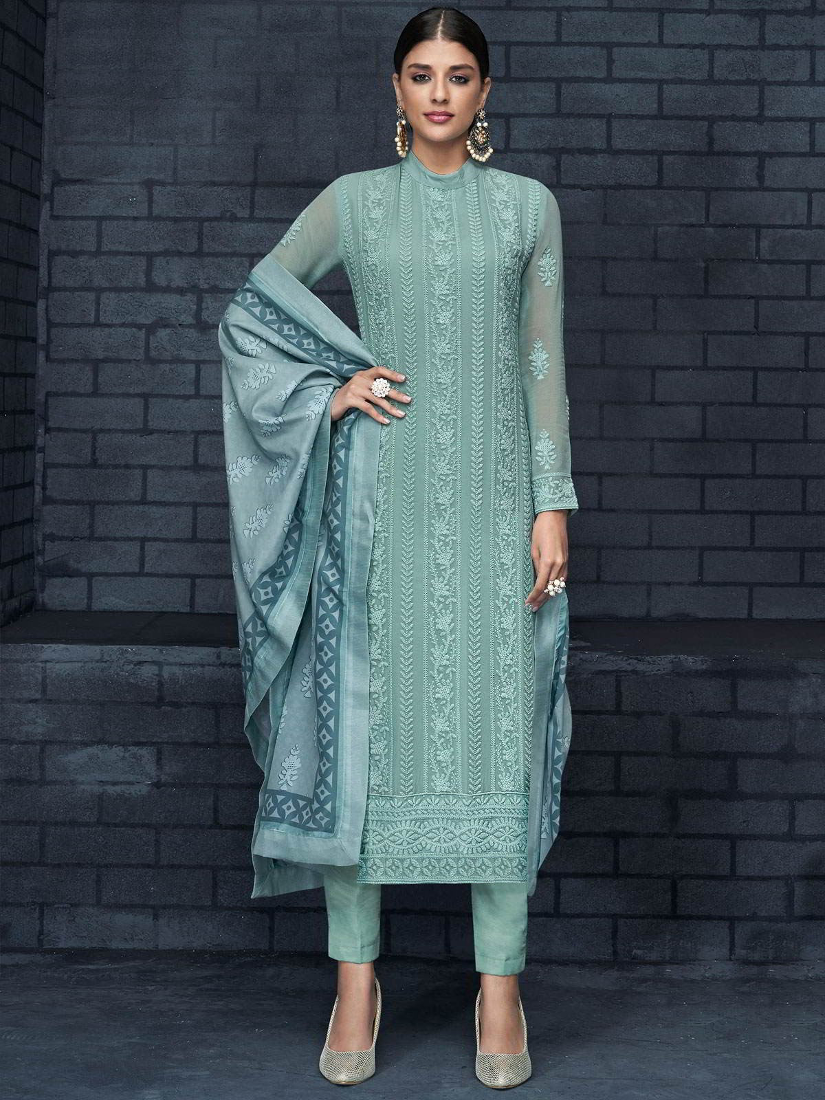 Sky Blue Over All Lucknowi Designer Pant Suit