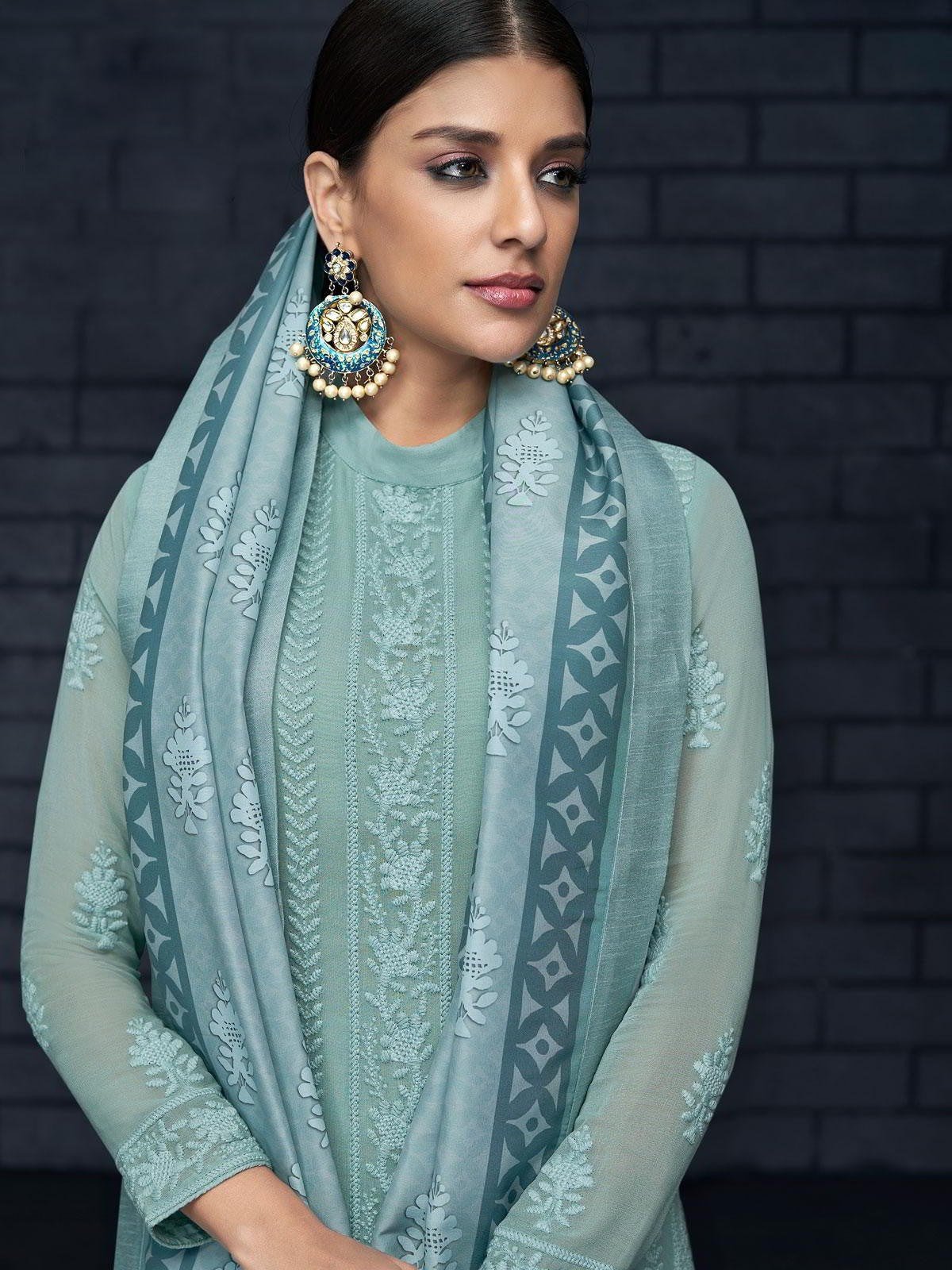 Sky Blue Over All Lucknowi Designer Pant Suit