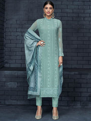 Sky Blue Over All Lucknowi Designer Pant Suit
