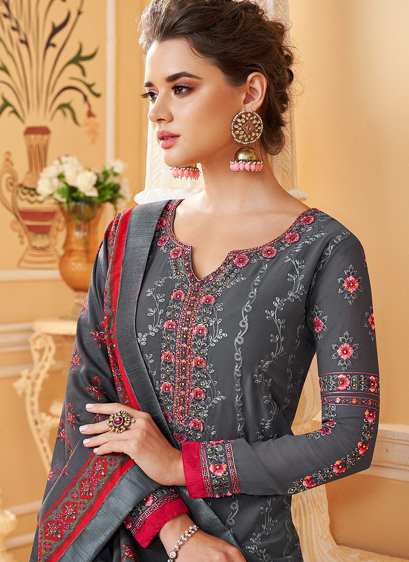 Grey Multi Embroidered Designer Pant Style Suit, Salwar Kameez