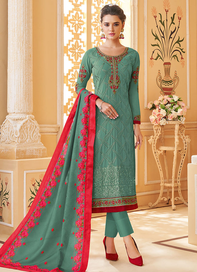 Indian Clothes - Turquoise Multi Embroidered Designer Pant Style Suit