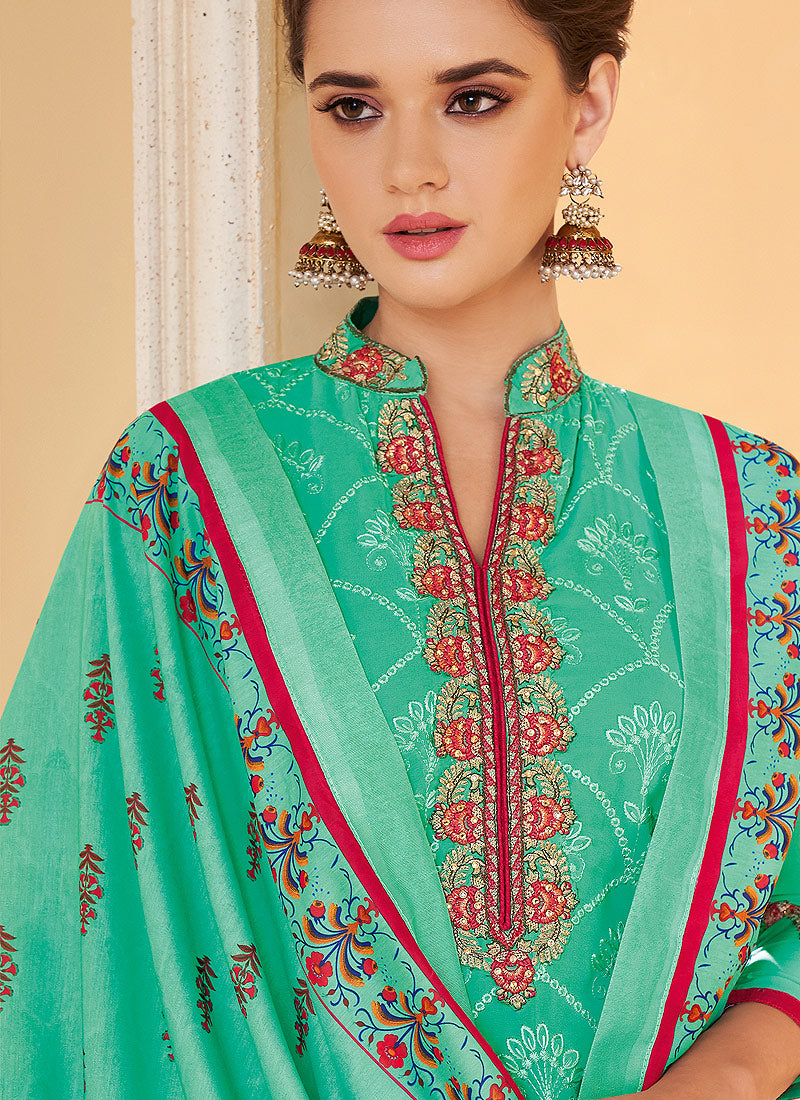 Aqua Blue Multi Embroidered Designer Pant Style Suit, Salwar Kameez