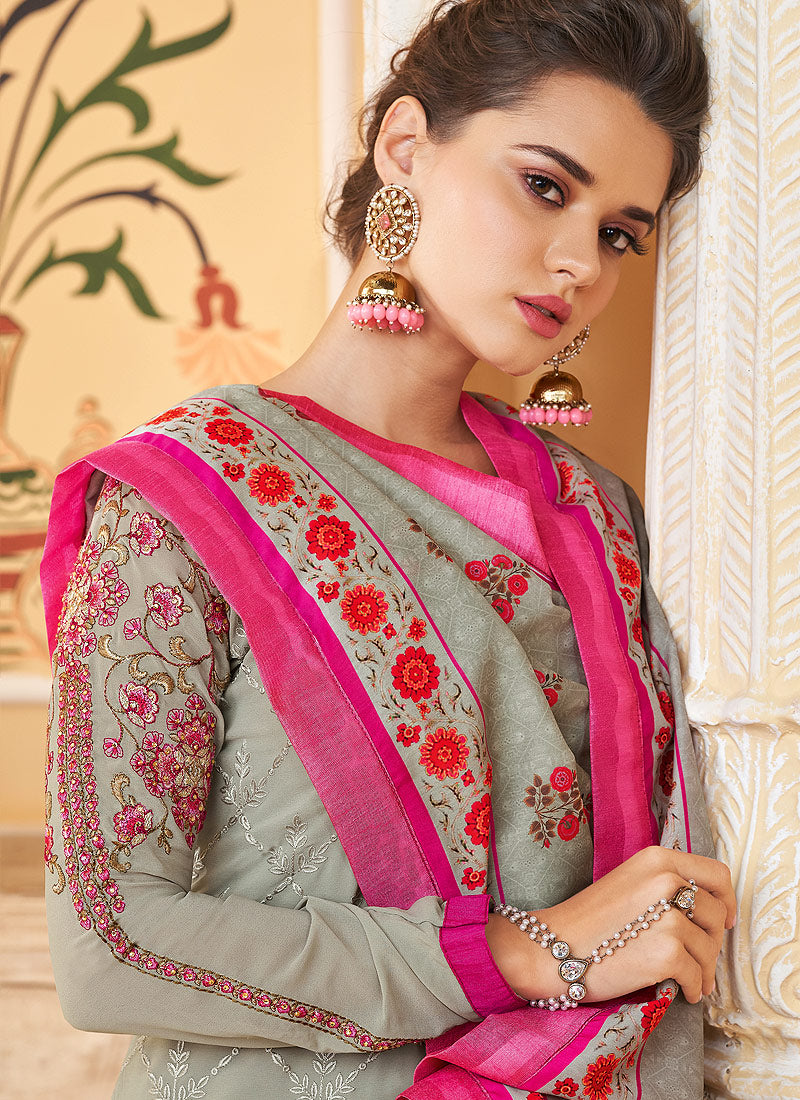 Grey Embroidered Designer Pant Style Suit, Salwar Kameez