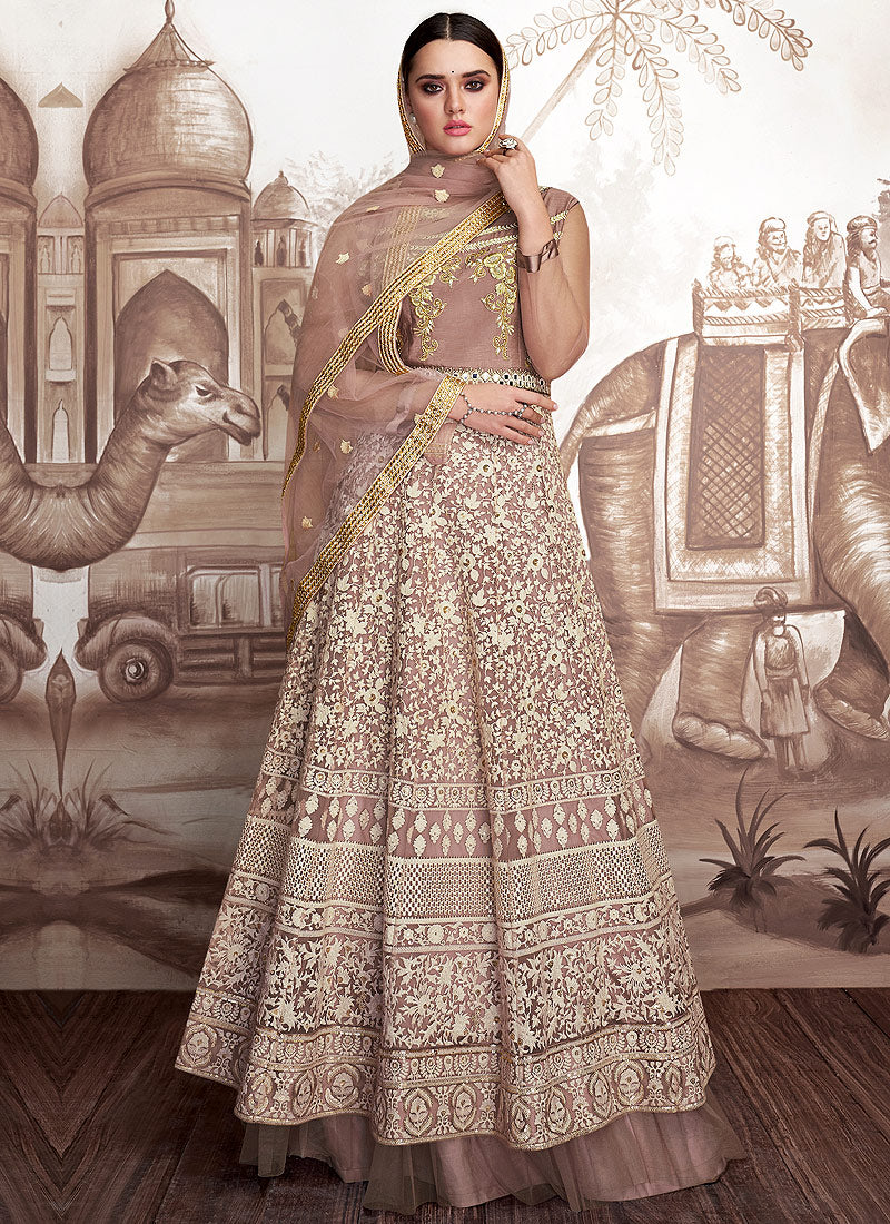 Mauve And Beige Embroidered Layered Anarkali Suit, Salwar Kameez
