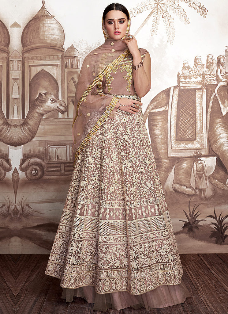 Mauve And Beige Embroidered Layered Anarkali Suit, Salwar Kameez