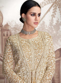Yellow And Beige Embroidered Jacket Style Anarkali Suit, Salwar Kameez