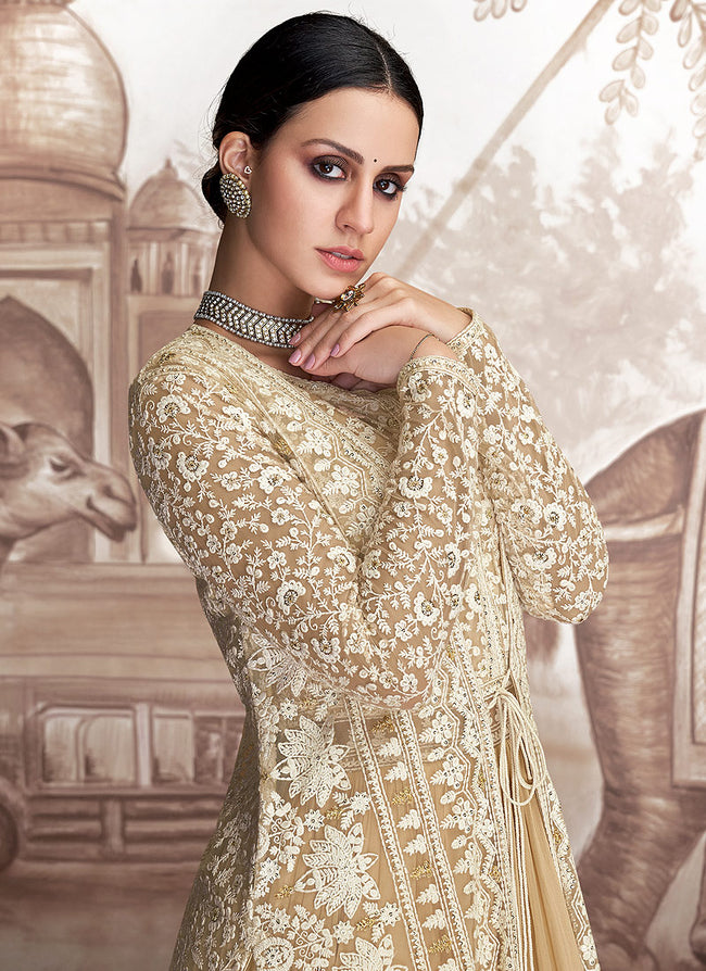 Buy Wedding Wear Beige Georgette Embroidery Work Anarkali Suit Online