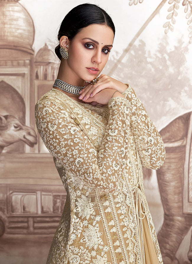 Yellow And Beige Embroidered Jacket Style Anarkali Suit, Salwar Kameez