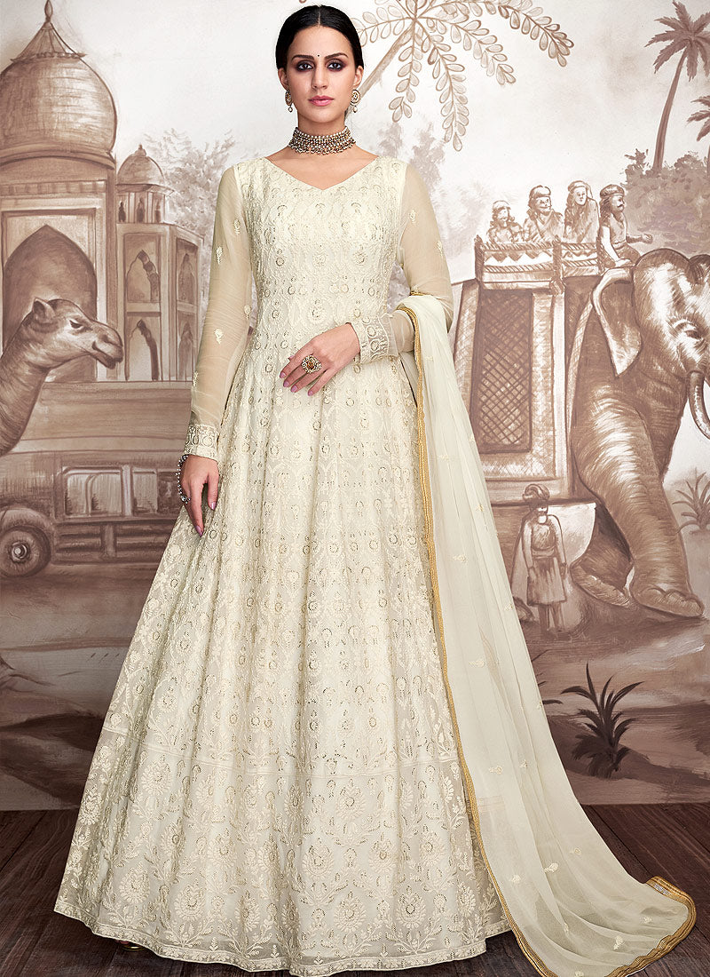 Off White Pant Style Anarkali | Off white pants, Silk anarkali suits, Anarkali  suit