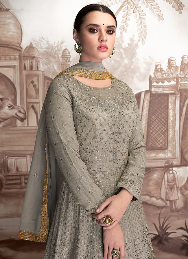Grey Golden OverAll Embroidered Anarkali Suit, Salwar Kameez