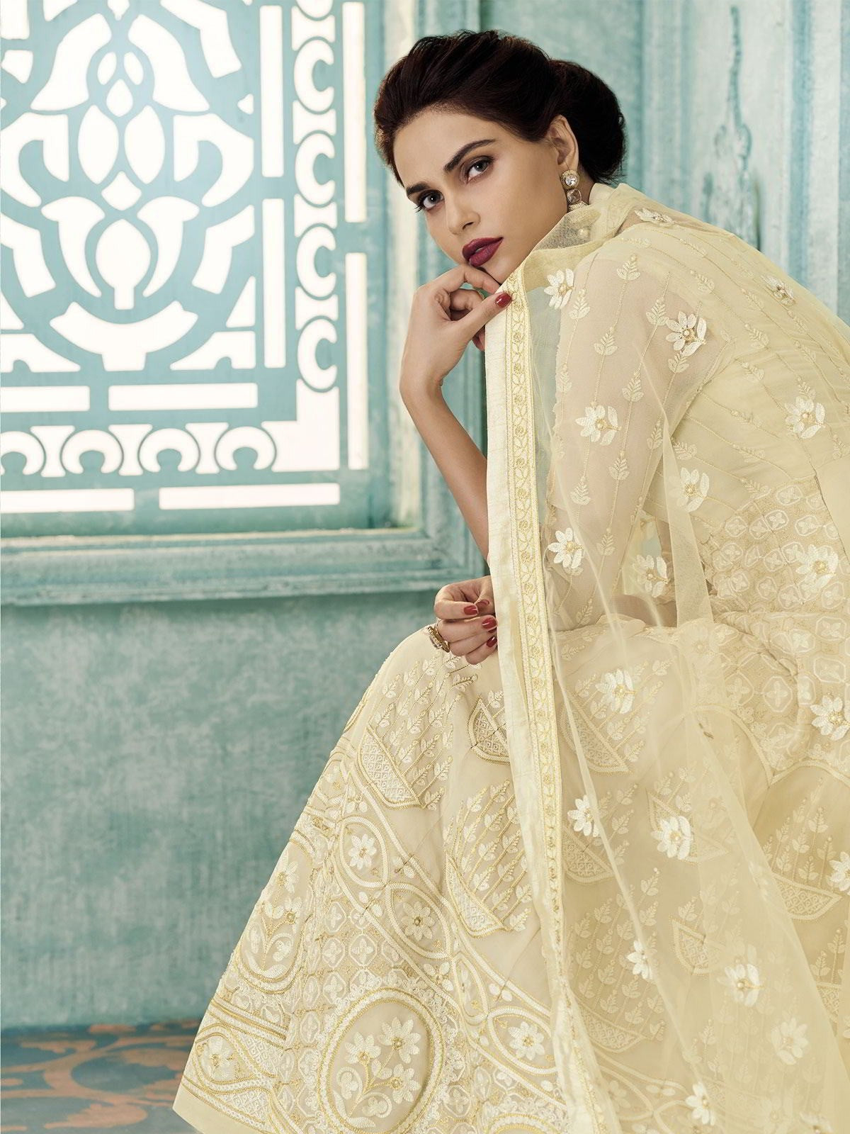 Off White Lucknowi Kalidar Anarkali Suit
