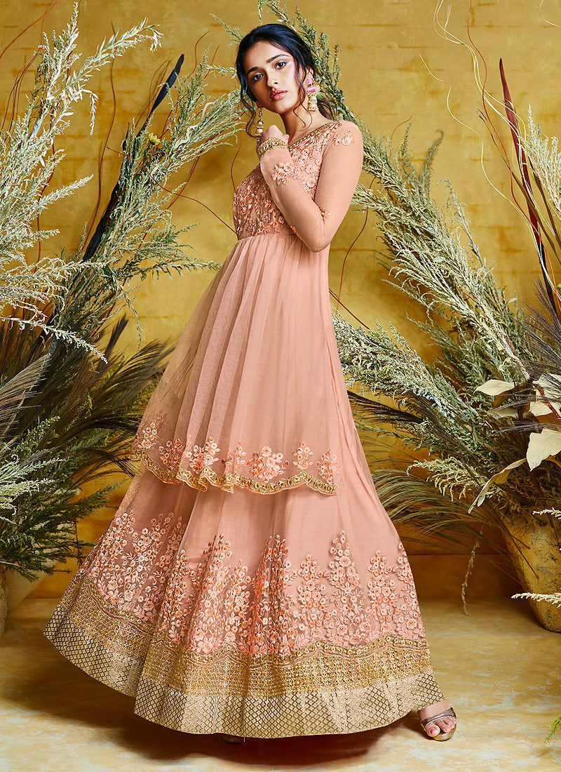 Soft Peach Fully Heavy Designer Lucknowi Work Wedding Special Anarkali Gown  - Indian Heavy Anarkali Lehenga Gowns Sharara Sarees Pakistani Dresses in  USA/UK/Canada/UAE - IndiaBoulevard