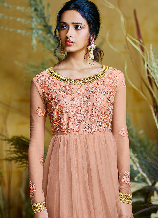 Peach And Golden Embroidered Anarkali Suit