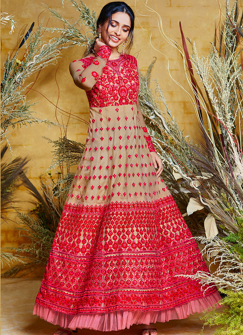 Golden Red Embroidered Anarkali Suit