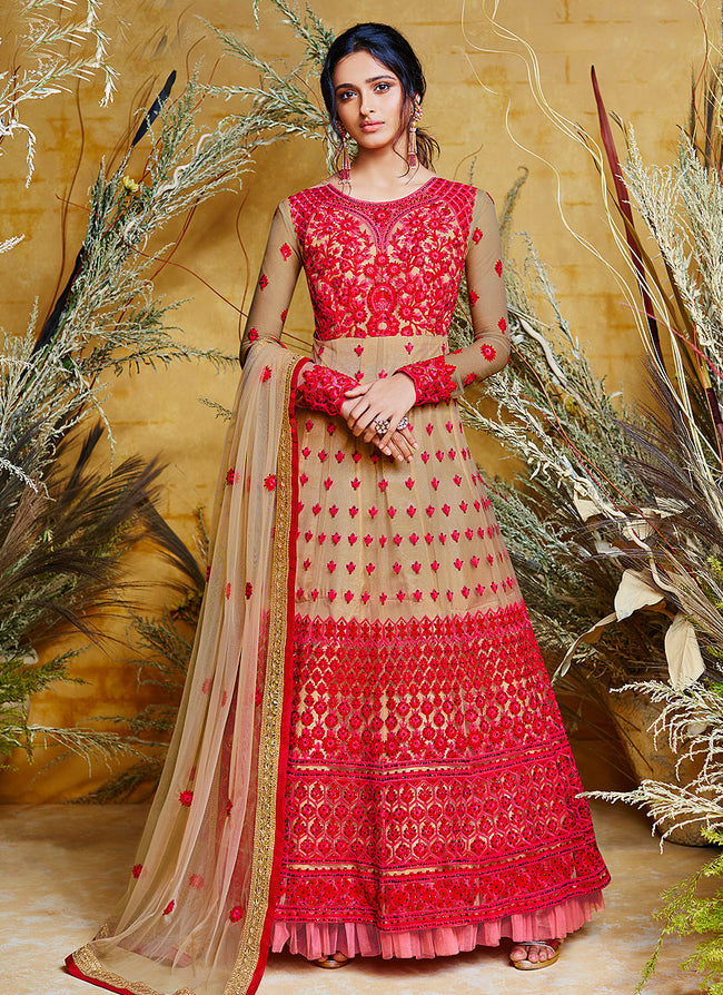 Golden Red Embroidered Anarkali Suit