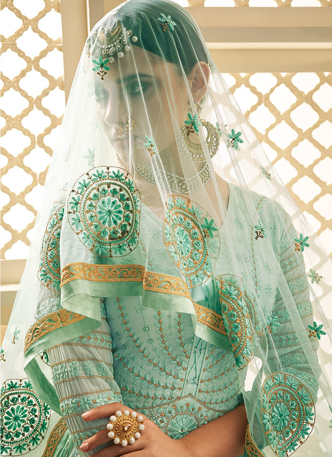 Aqua Blue Lucknowi Embroidered Anarkali Suit, Salwar Kameez