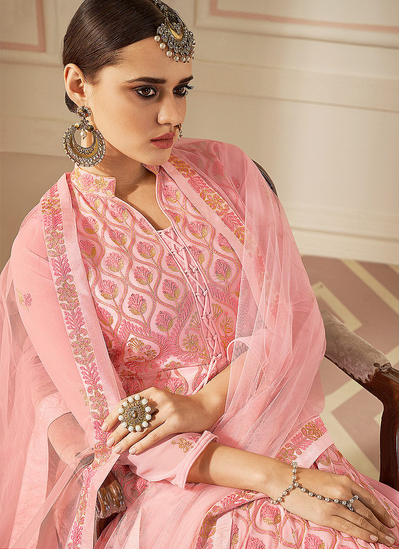Pink Lucknowi Embroidered Anarkali Suit, Salwar Kameez