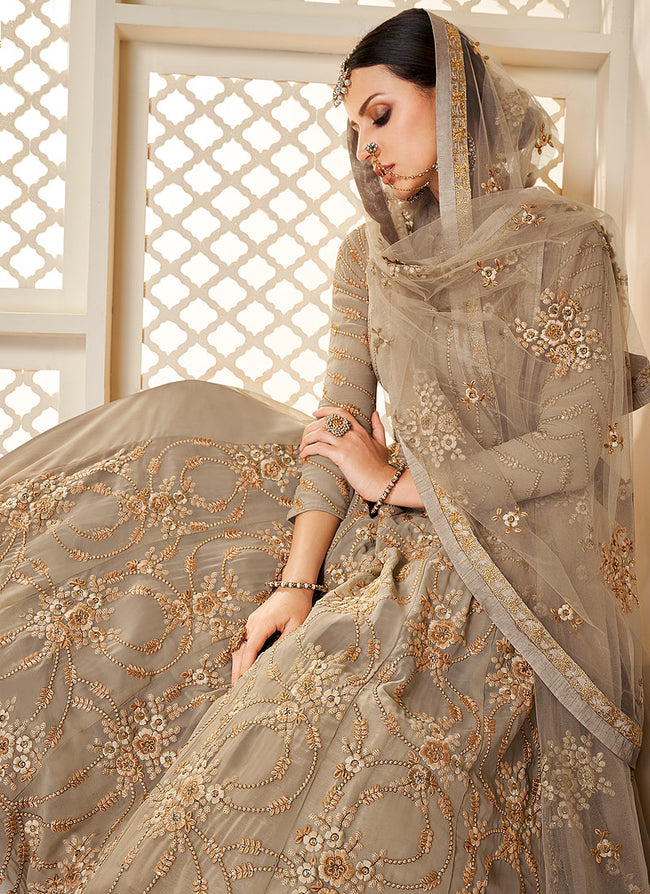 Beige Golden Lucknowi Embroidered Anarkali Suit
